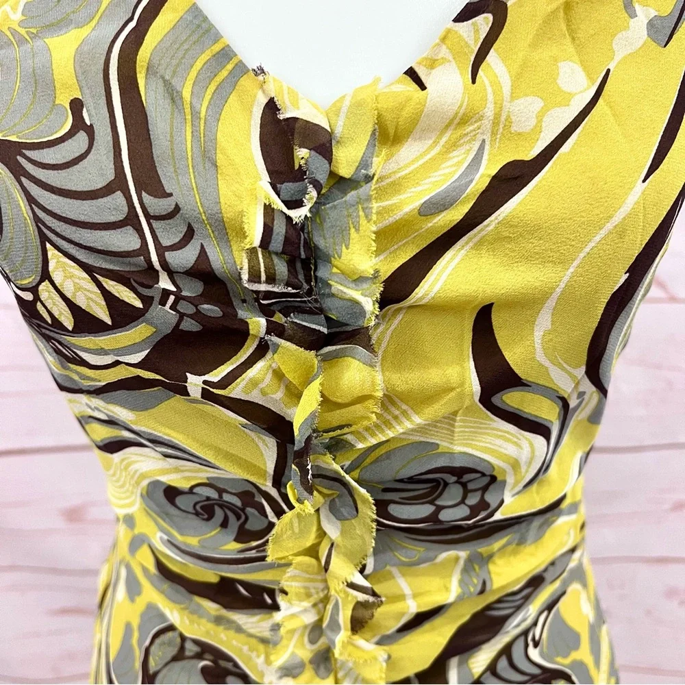 Vintage BCBG Maxazria Y2K Chartreuse Psychedelic Paisley Silk Art Deco Dress